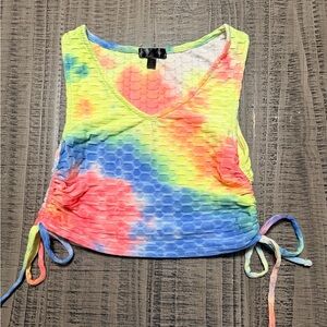 Tie-Dye V-Neck Crop Tank with Side Drawstrings - Multicolor